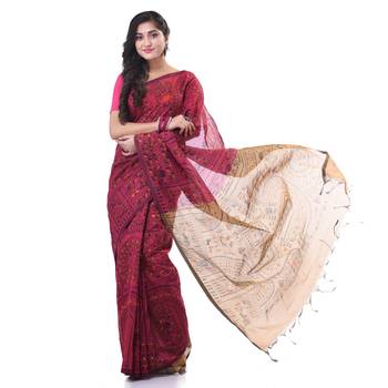 Red woven cotton warli handloom-sarees with blouse piece 2
