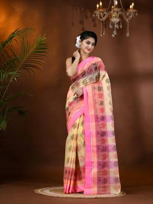 Pink woven cotton printed handloom-sarees with blouse piece 1
