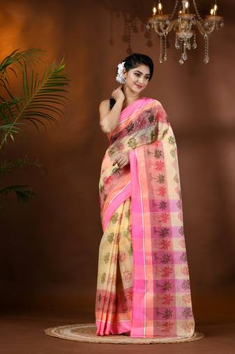 Pink woven cotton printed handloom-sarees with blouse piece