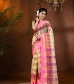 Pink woven cotton printed handloom-sarees with blouse piece