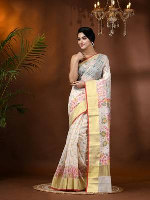 White Woven Cotton Silk Floral Handloom-Sarees Without Blouse Piece 1