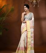 White Woven Cotton Silk Floral Handloom-Sarees Without Blouse Piece