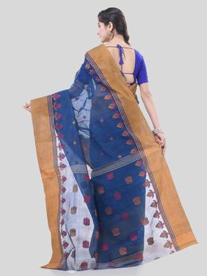 Blue Woven Cotton Leaves Handloom-Sarees Without Blouse Piece 2