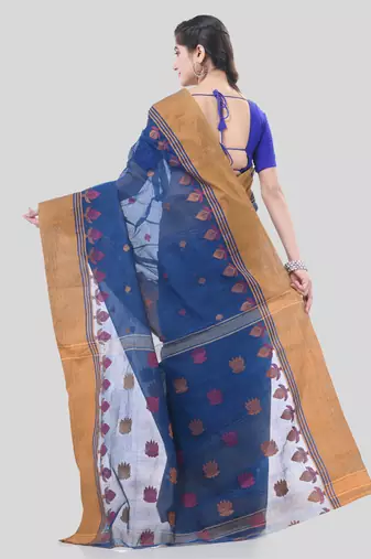 Blue Woven Cotton Leaves Handloom-Sarees Without Blouse Piece