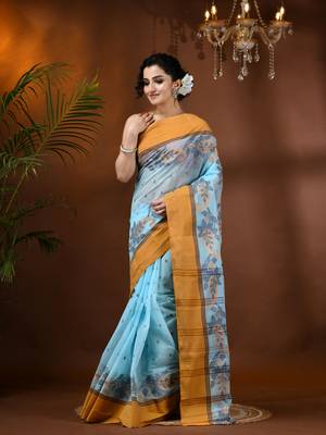 Blue Woven Cotton Paisley Handloom-Sarees Without Blouse Piece 1