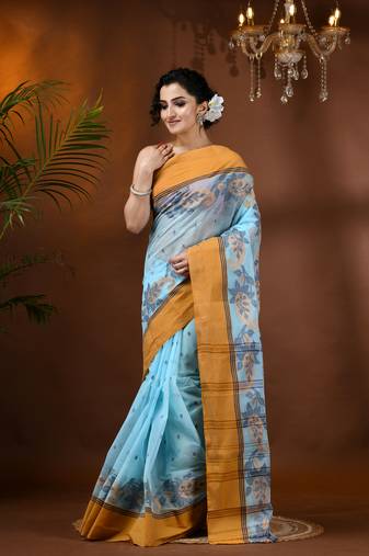 Blue Woven Cotton Paisley Handloom-Sarees Without Blouse Piece