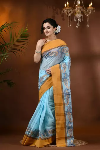Blue Woven Cotton Paisley Handloom-Sarees Without Blouse Piece