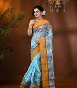 Blue Woven Cotton Paisley Handloom-Sarees Without Blouse Piece
