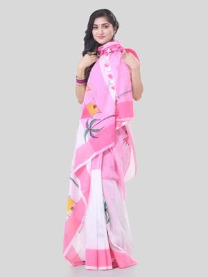 Pink woven cotton tribal printed handloom-sarees with blouse piece 5