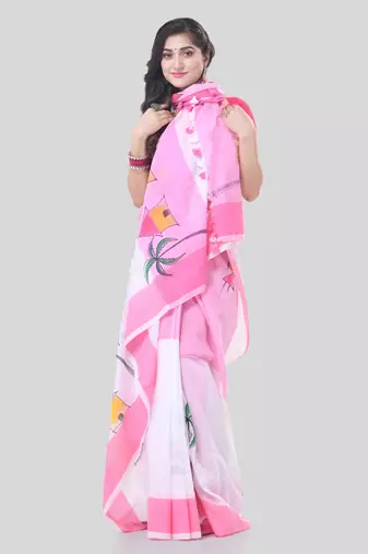 Pink woven cotton tribal printed handloom-sarees with blouse piece