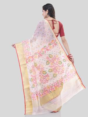 White Woven Cotton Silk Floral Handloom-Sarees Without Blouse Piece 2