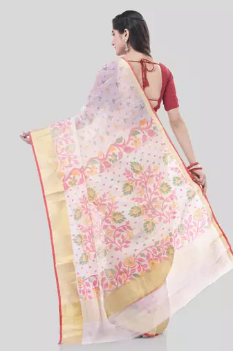 White Woven Cotton Silk Floral Handloom-Sarees Without Blouse Piece