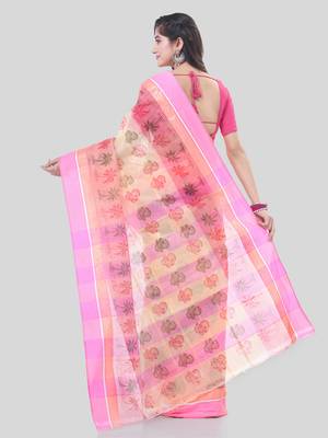 Pink woven cotton printed handloom-sarees with blouse piece 2