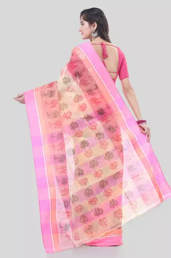 Pink woven cotton printed handloom-sarees with blouse piece