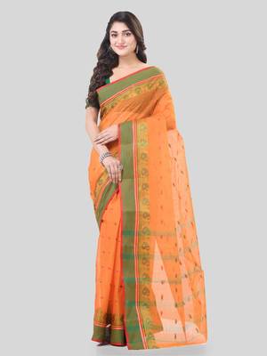 Orange Woven Cotton Paisley Handloom-Sarees Without Blouse Piece 5