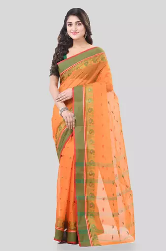 Orange Woven Cotton Paisley Handloom-Sarees Without Blouse Piece