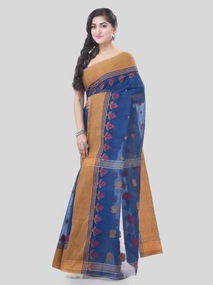 Blue Woven Cotton Leaves Handloom-Sarees Without Blouse Piece 3