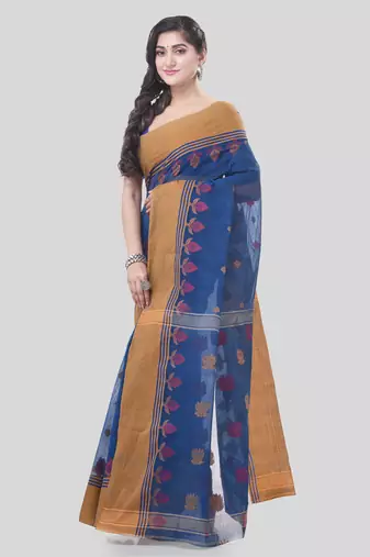 Blue Woven Cotton Leaves Handloom-Sarees Without Blouse Piece