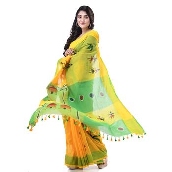 Yellow woven cotton tribal printed handloom-sarees with blouse piece 2