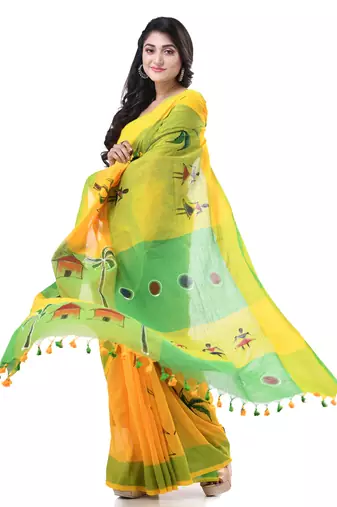 Yellow woven cotton tribal printed handloom-sarees with blouse piece