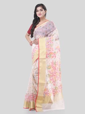 White Woven Cotton Silk Floral Handloom-Sarees Without Blouse Piece 3