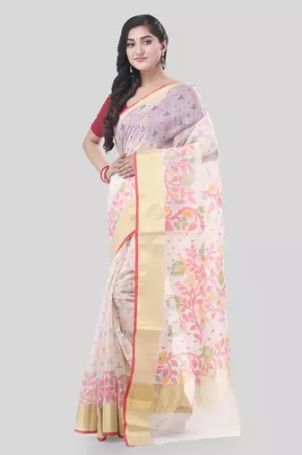 White Woven Cotton Silk Floral Handloom-Sarees Without Blouse Piece