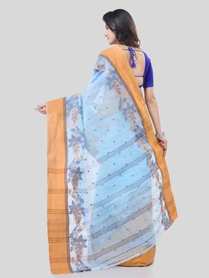 Blue Woven Cotton Paisley Handloom-Sarees Without Blouse Piece 2