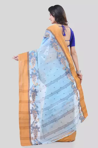 Blue Woven Cotton Paisley Handloom-Sarees Without Blouse Piece