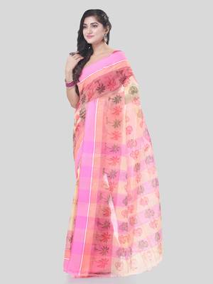 Pink woven cotton printed handloom-sarees with blouse piece 3