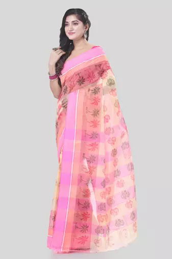 Pink woven cotton printed handloom-sarees with blouse piece