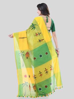 Yellow woven cotton tribal printed handloom-sarees with blouse piece 3