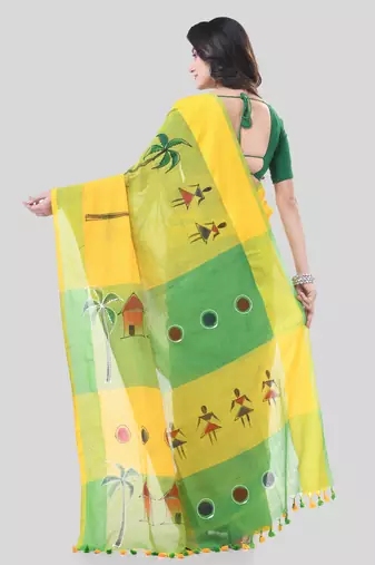 Yellow woven cotton tribal printed handloom-sarees with blouse piece