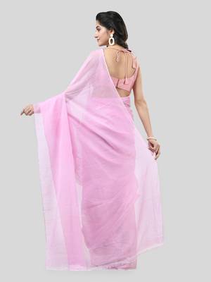 Pink Woven Cotton Solid Handloom-Sarees Without Blouse Piece 2