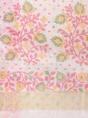 White Woven Cotton Silk Floral Handloom-Sarees Without Blouse Piece 4