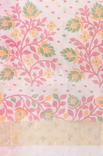White Woven Cotton Silk Floral Handloom-Sarees Without Blouse Piece