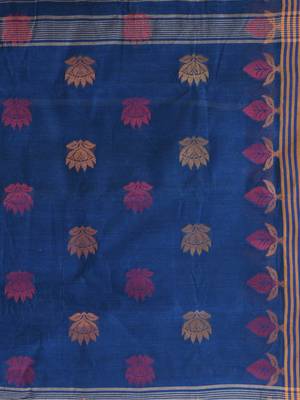 Blue Woven Cotton Leaves Handloom-Sarees Without Blouse Piece 4