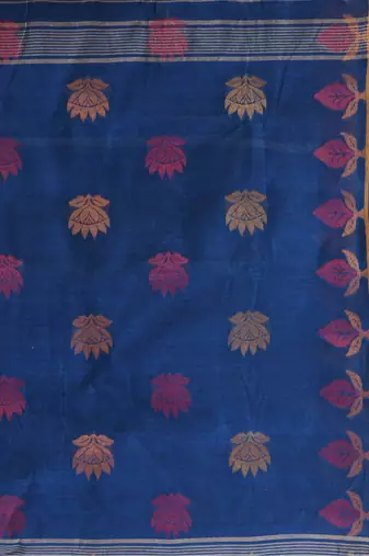 Blue Woven Cotton Leaves Handloom-Sarees Without Blouse Piece