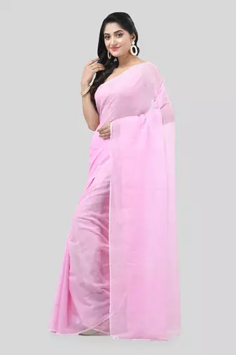 Pink Woven Cotton Solid Handloom-Sarees Without Blouse Piece