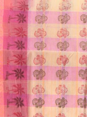 Pink woven cotton printed handloom-sarees with blouse piece 4