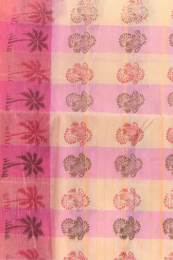Pink woven cotton printed handloom-sarees with blouse piece