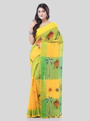 Yellow woven cotton tribal printed handloom-sarees with blouse piece 1