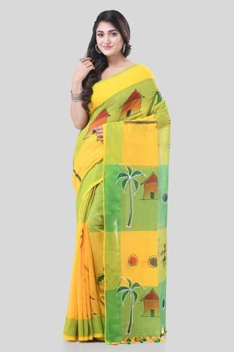 Yellow woven cotton tribal printed handloom-sarees with blouse piece