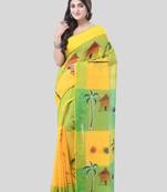 Yellow woven cotton tribal printed handloom-sarees with blouse piece
