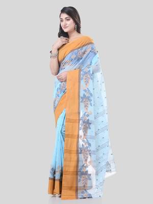 Blue Woven Cotton Paisley Handloom-Sarees Without Blouse Piece 3
