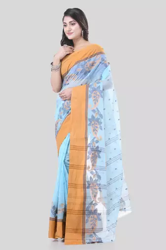 Blue Woven Cotton Paisley Handloom-Sarees Without Blouse Piece