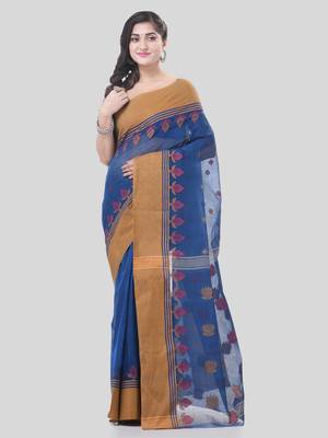 Blue Woven Cotton Leaves Handloom-Sarees Without Blouse Piece 5