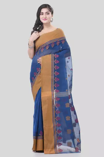 Blue Woven Cotton Leaves Handloom-Sarees Without Blouse Piece