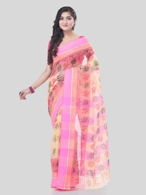 Pink woven cotton printed handloom-sarees with blouse piece 5