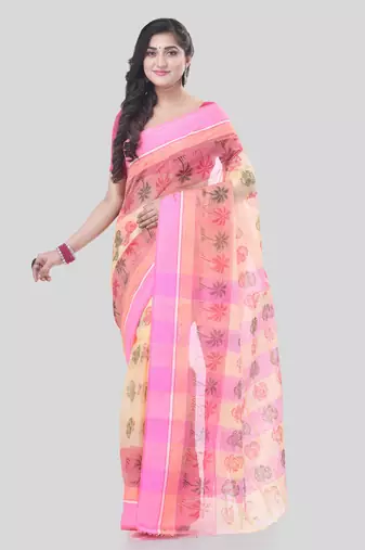 Pink woven cotton printed handloom-sarees with blouse piece