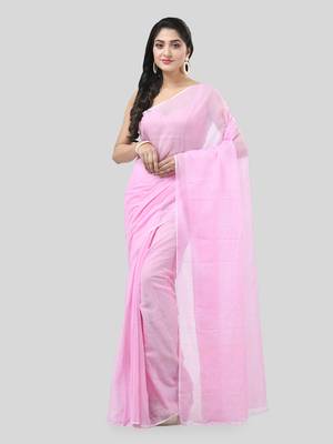 Pink Woven Cotton Solid Handloom-Sarees Without Blouse Piece 5